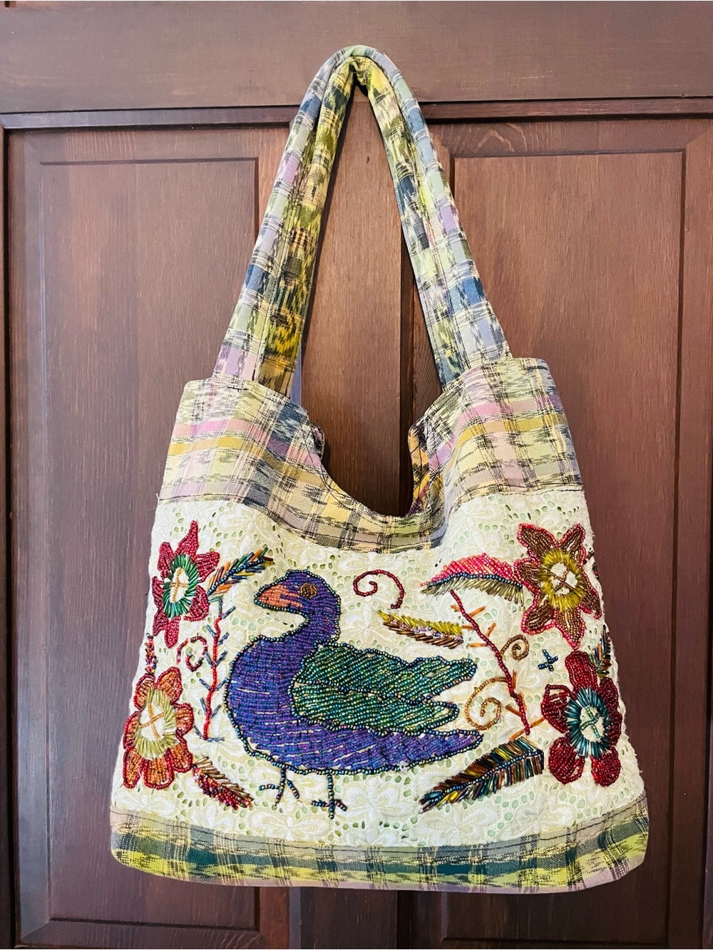 Handcrafted Multicolor Beaded Duck & Floral Embroidered Tote Bag